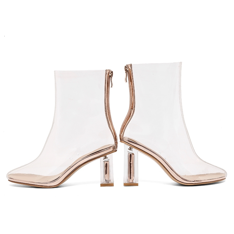 Women's New Spring/Summer Round Head Refreshing And Transparent Back Zipper High Heel Calf Short Cool Boots