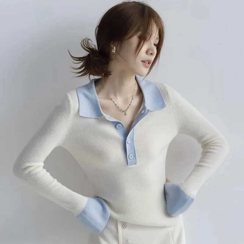 Long sleeved womens T-shirt knitted button womens polo shirt contrasting color T-shirt 250103