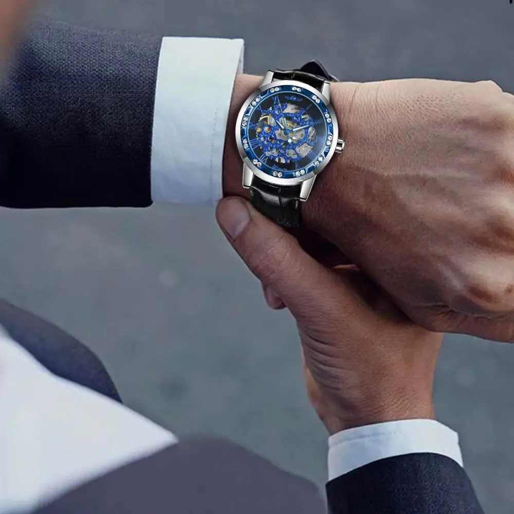 Fashion Top Brand Womens Luxury Mechanical Winner Diamond Skeleton Dial Leather Str Unisex Size Watch W250104