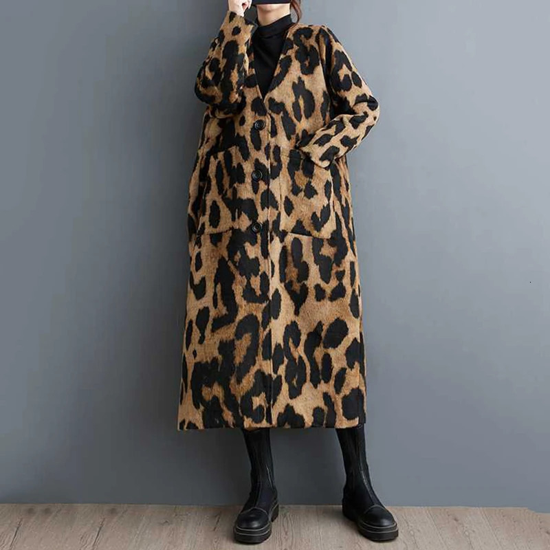 Beautyblue in Coats jackets Leopard Elegant Coat Woman Long Sleeves Pockets Split-Joint V-Neck Outerwear Female Trench Coats 241224