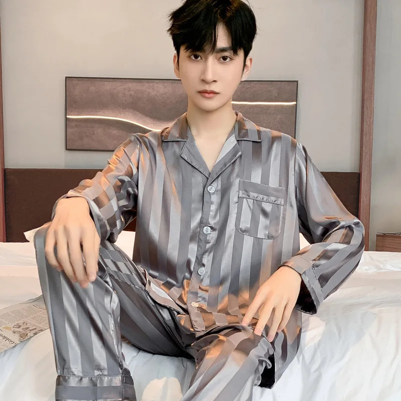 Mens Pajama Summer Longsleeved Ice Silk High Quality Stain Sleepwear Suit Home Clothes Male Night Wear Pyjamas Gentlemen 250103