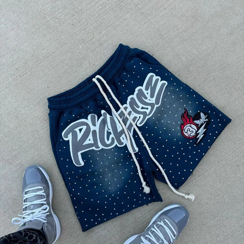 American letter printing mens street shorts fashion Rhinestone shorts mens clothing loose casual sports pants 241231
