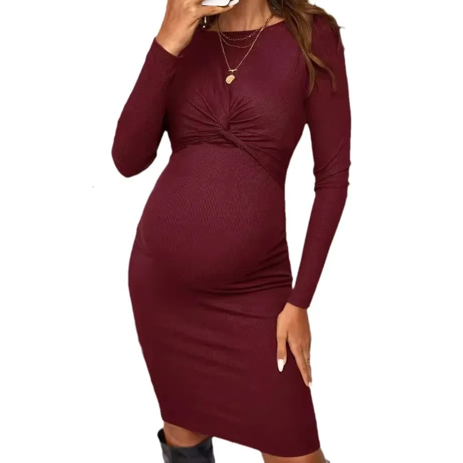 American Fashion Round Neck Long Sleeve Knitted Maternity Dress Tight Fitting Solid Color Short Pregnant Women Outfit Pregnancy 250103