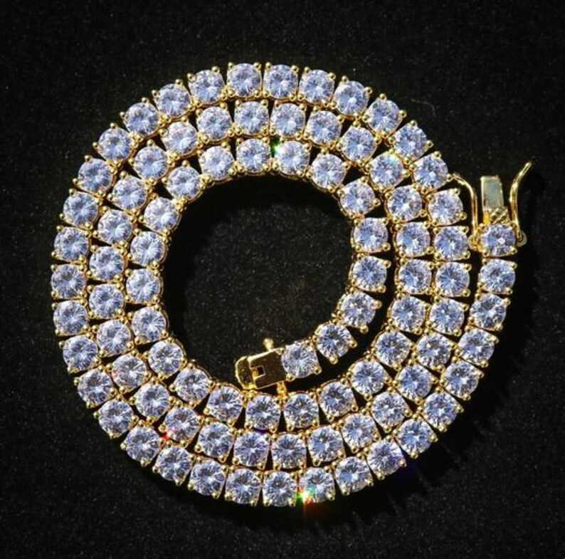 Gold Plated VVS Moissanite Hiphop 3mm Tennis Necklace 925 Sterling Silver Dazzling Moissanite Tennis Chain