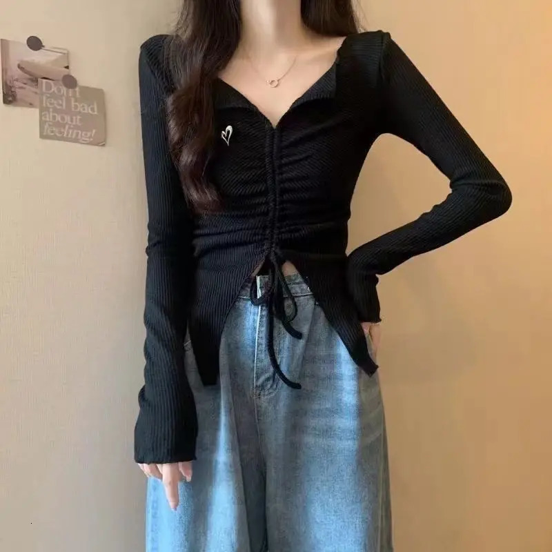 Sweet Drawstring Short T Shirts Spring Autumn long sleeved V-neck solid seam hem sexy slim fit top Y2K fashion womens clothing 250103