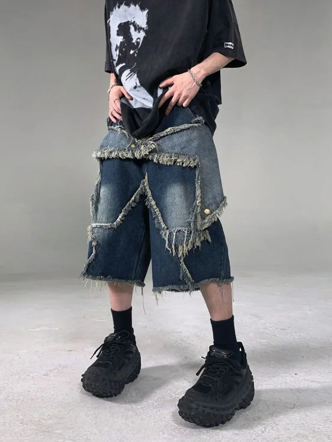 High Street retro star patch tassel mens denim shorts loose casual hip-hop street couple pants sports sweater 241230