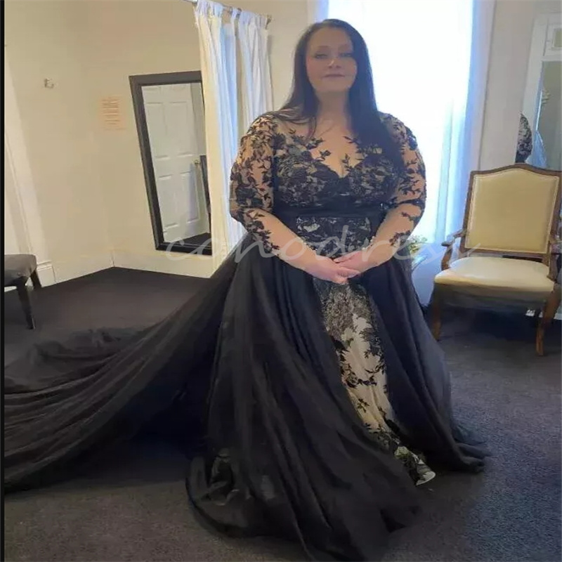 Fantasy Black Gothic Wedding Dress Plus Size Mermaid Country Bridal Dress With Remove Train Bespoke Lace Overskirt Bride Dress Whimsical Vestio De Nov