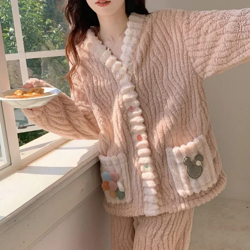 Thickened Warm Flannel Women Sleepwear Loungewear Cardigan Suit Winter Sweet Kawaii Soft Fairy Wind Ladies Pajamas Homewear 250103
