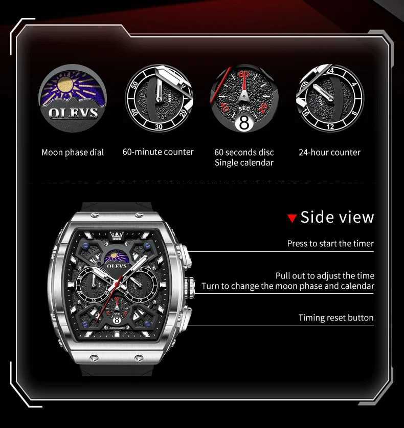 OLEVS 2942 Luxury Timing Quartz Mens 44mm Large Dial Moon Phase Manual Clock Waterproof Original Fashionable W250104