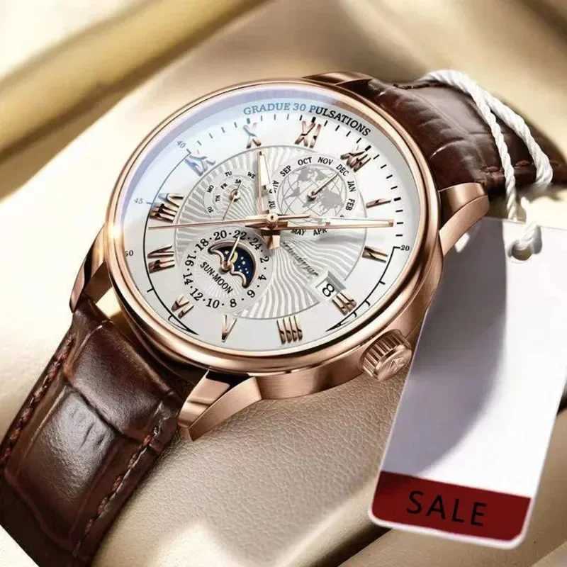 Luxury mens waterproof timing moon phase pattern illuminated mens wrist PU leather mens quartz es casual clock W250104