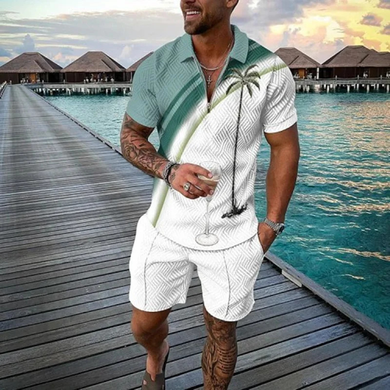 Fashion Summer Mens Tracksuit Short Sleeve Polo Shirt Set Coconut Tree 3D Print Clothing 2 Pieces Casual Suit Streetwear Outfit 250102