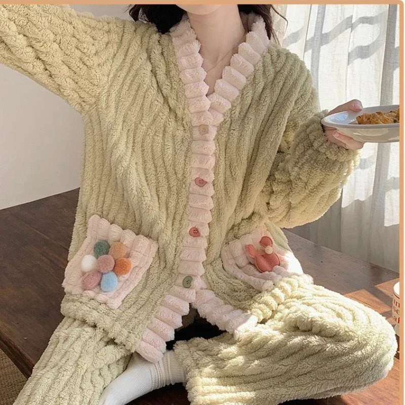 Thickened Warm Flannel Women Sleepwear Loungewear Cardigan Suit Winter Sweet Kawaii Soft Fairy Wind Ladies Pajamas Homewear 250103