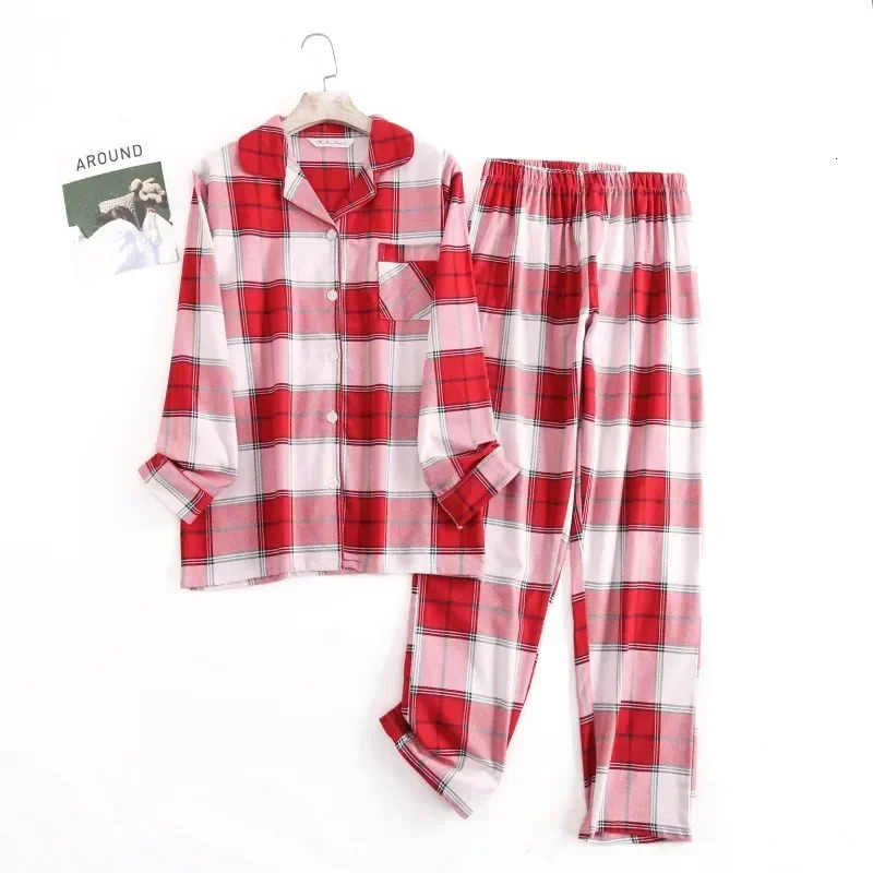Cotton Flannel Womens Long Pants Pajamas Sets for Sleepwear Plaid n Loose Autumn and Winter Sleeve Trouser Suits 250103