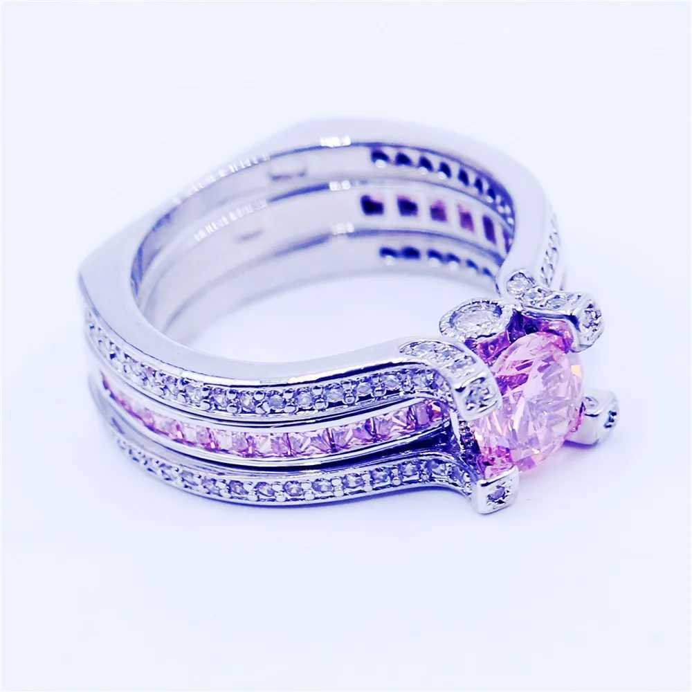 Luxury Pink High Caon Diamond Ring Set 925 Sterling Silver Wedding Band Rings for Women Men Promise Party Jewelry GiftXJ250104