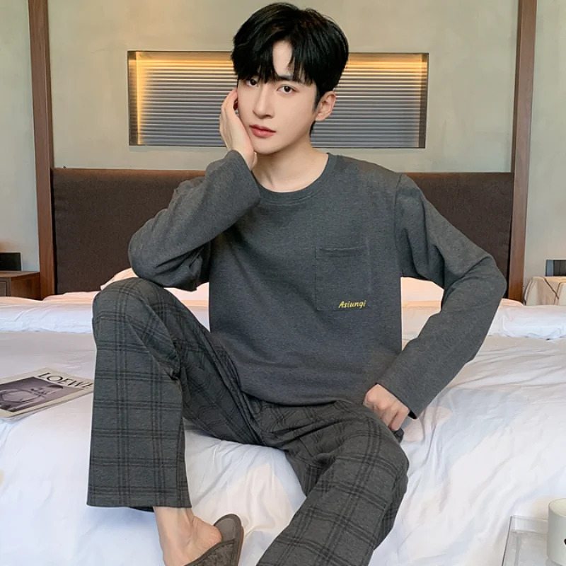 L6XL Striped Print Oneck Plus Size Mens Pajamas Fashion Mature Men Combed Cotton Nightwear Autumnwinter Lounges Y2k 250103