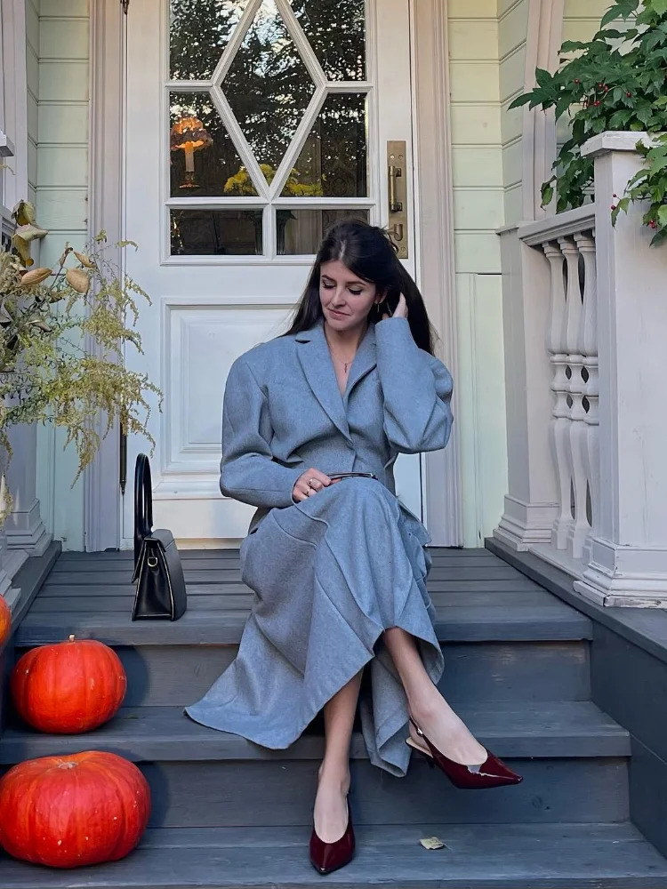 Elegant Women Grey Woolen Blazer Coat Skirt Suits Fashion Lapel Full Sleeves Coats Long Pleated Skirt Set Autumn Lady Outfits 241224