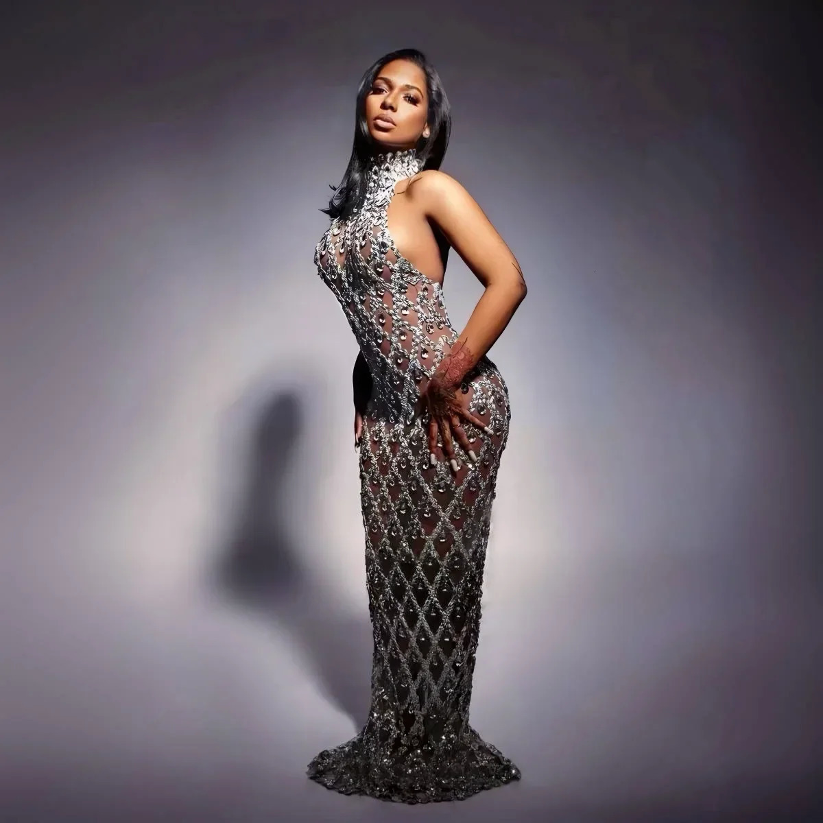 High Quality Flashing Silver Rhinestone Crystals Fringes Transparent Long Birthday Celebrate Evening Party Dress 250103