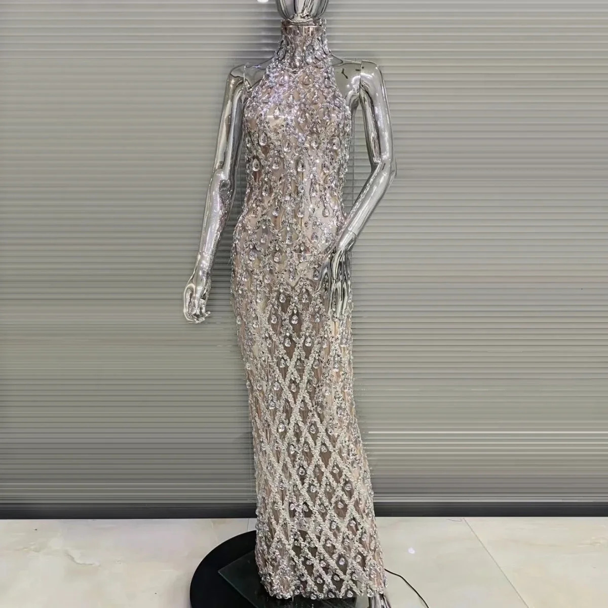 High Quality Flashing Silver Rhinestone Crystals Fringes Transparent Long Birthday Celebrate Evening Party Dress 250103