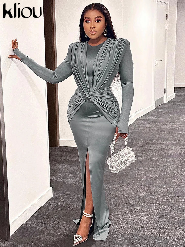 Elegant solid long skirt womens classic cross pleated long sleeved split style dress womens street party vest 241231