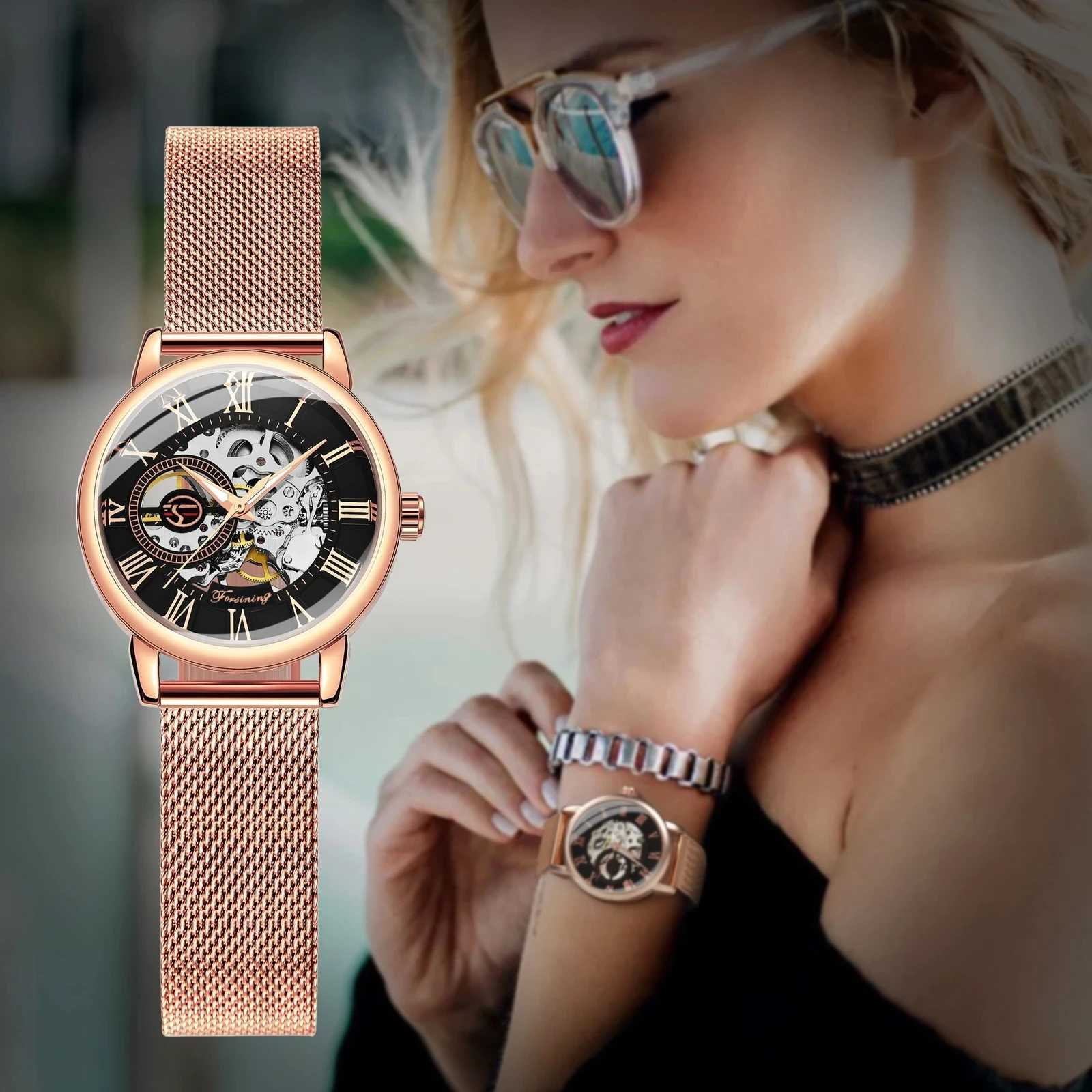 Forsining 99 Fashion Elegant Skeleton for Women New Luxury Factory Mechanical Wristes Rose Gold Laes W250104