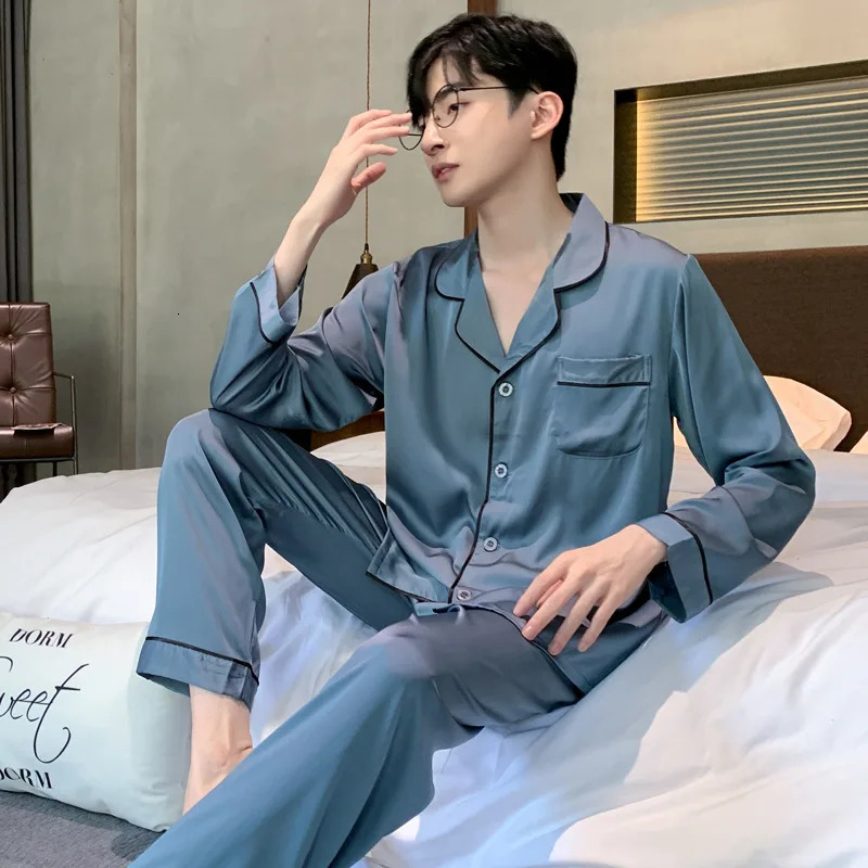 High Quality Pajamas Mens Spring Summer Longsleeved Pyjamas Male Thin Ice Silk Home Clothes Satin Suit Sleepwear Set Nightwear 250103