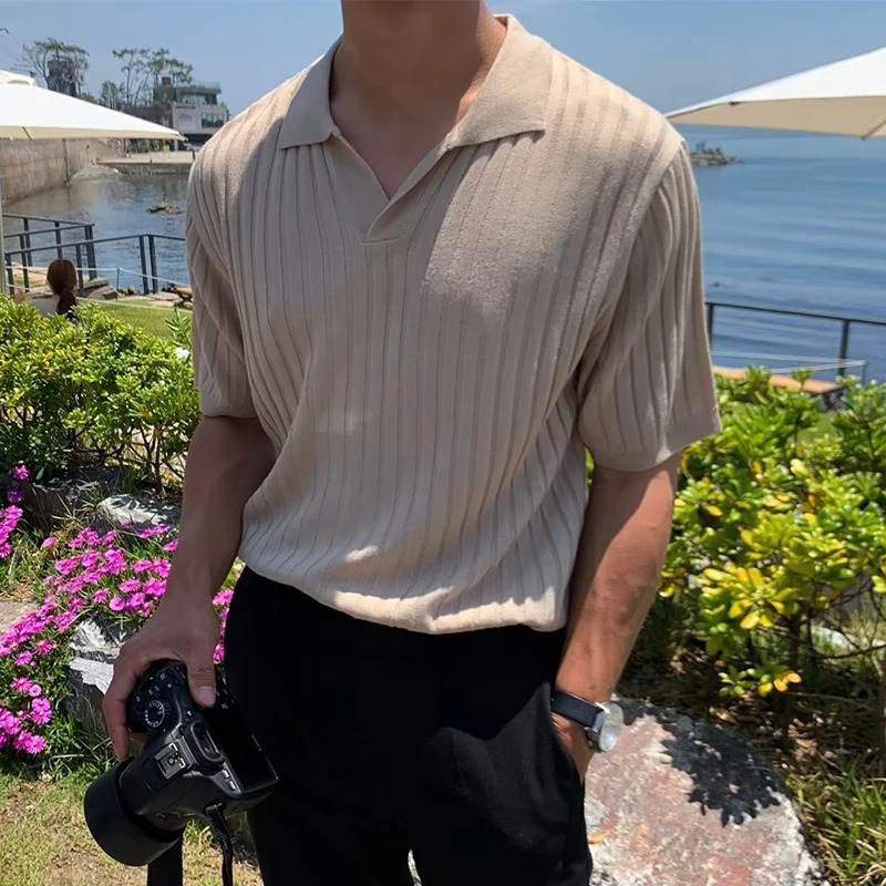 Fashion knitted solid color mens polo shirt ultra-thin short sleeved lapel ribbon polo T-shirt summer mens clothing casual top 241230