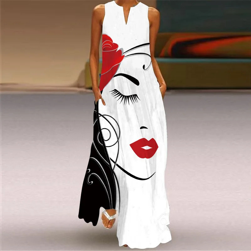 Retro printed womens summer loose sleeveless long skirt elegant womens V-neck pocket bohemian beach sun skirt Vestdos 250103