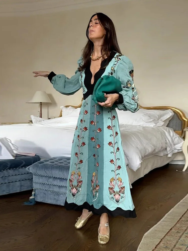 Elegant long lantern sleeves floral long dress with fashionable patchwork work print womens Maxi dress 2025 womens beach party in Vestidas 250103