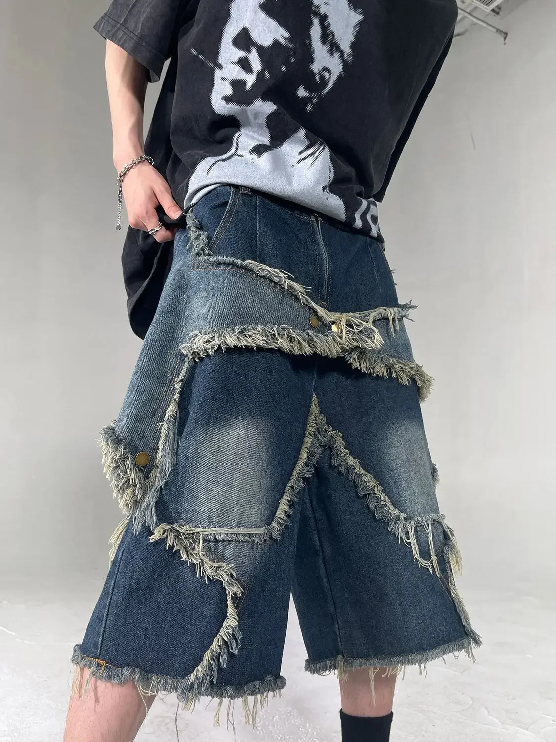 High Street retro star patch tassel mens denim shorts loose casual hip-hop street couple pants sports sweater 241230