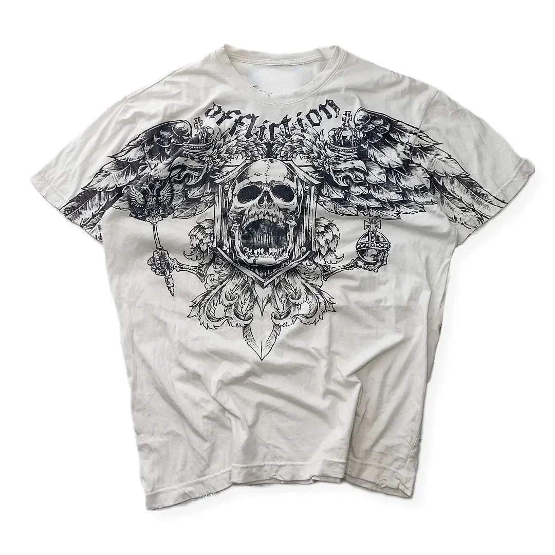 Harajuku Y2K American Gothic Skeleton Wing Printed T-shirt Mens Summer Cotton Sweater Hip Hop Rap Womens Top Oversized T-shirt 250103