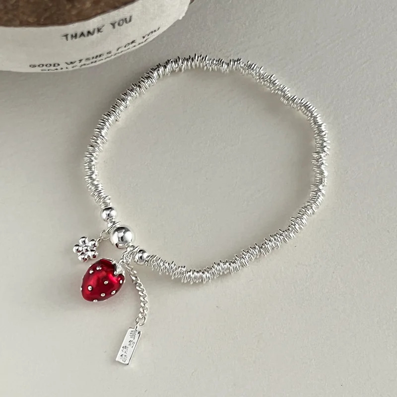 Berry Trouble Bracelet 925 sterling silver red oil drop strawberry long silver round bead bracelet for women B3273 250102