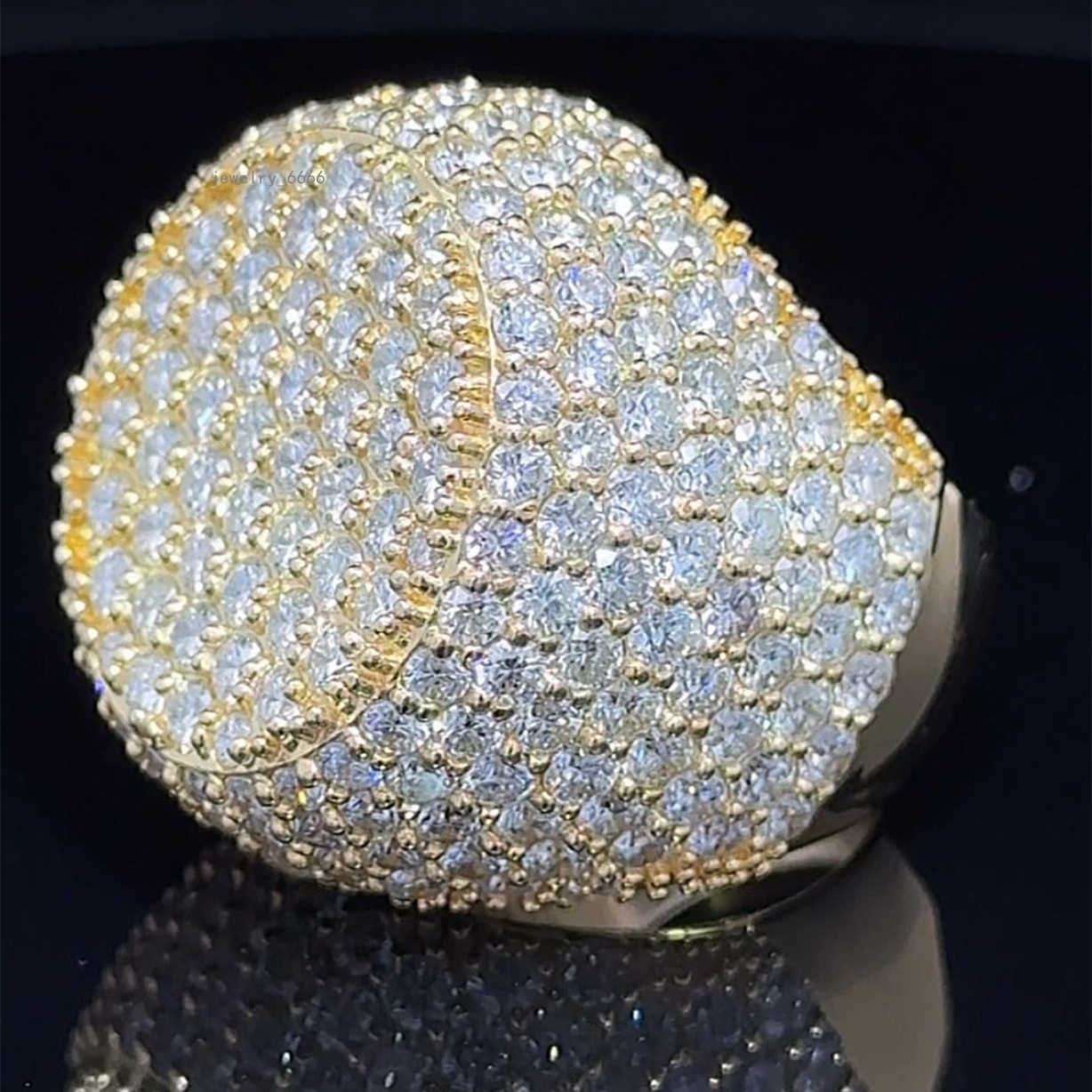 Hiphop Men Ring Iced Out 925 Sterling Silver Yellow Gold Plated Thick Sparkling Round VVS Moissanite Ring