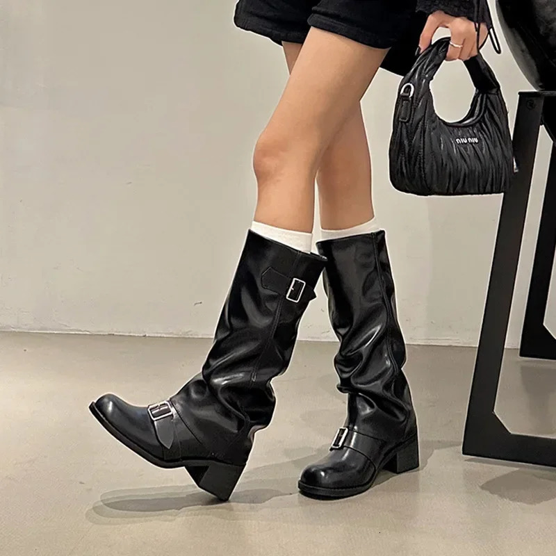 Comemore Autumn Women Biker Boots Fashion Belt Buckle Ladies Elegant Platform Long Pipe Booties Casual Womens Knee High Boots 250103