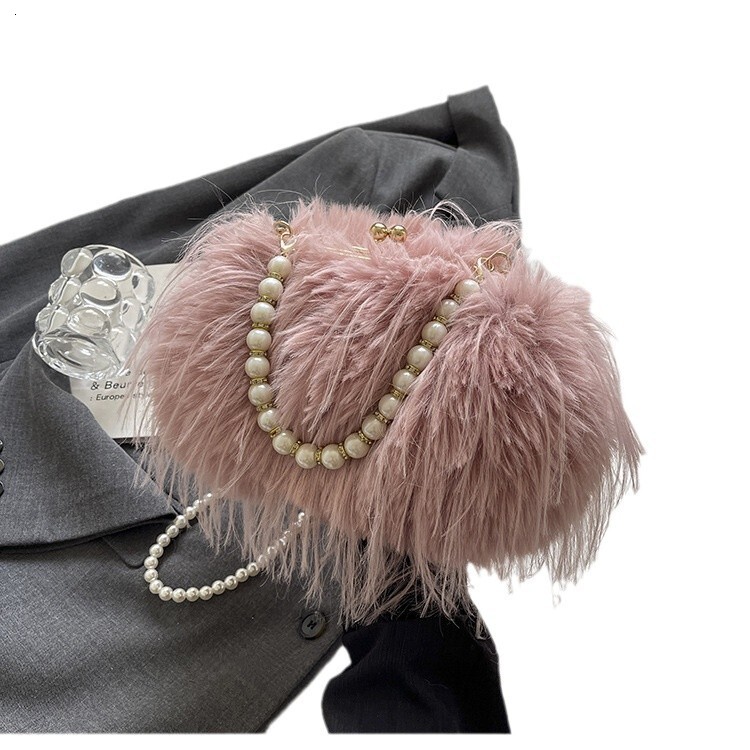 Plush women's pearl new best-selling high-end designer design autumn and winter fur bucket small bag small square bag wallet crossbody bag handba