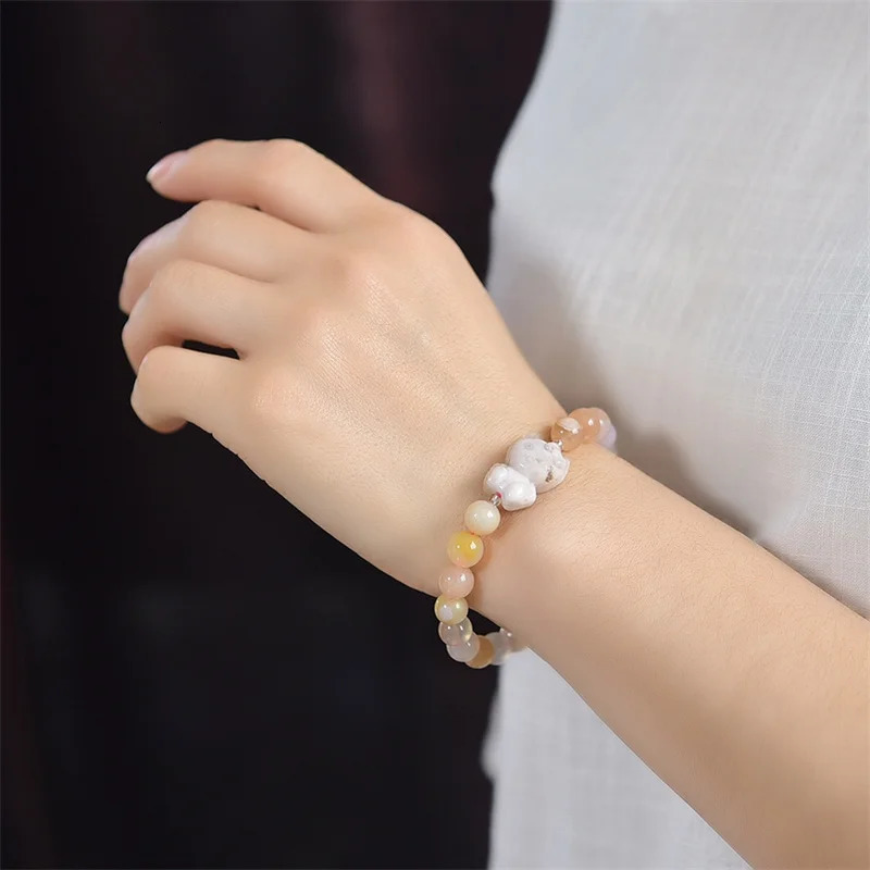 8MM Natural Flower Agate Cartoon Cat Carving Bracelet For Woman Man Fengshui Healing Wealth Crystal Birthday Lucky Gift 250102