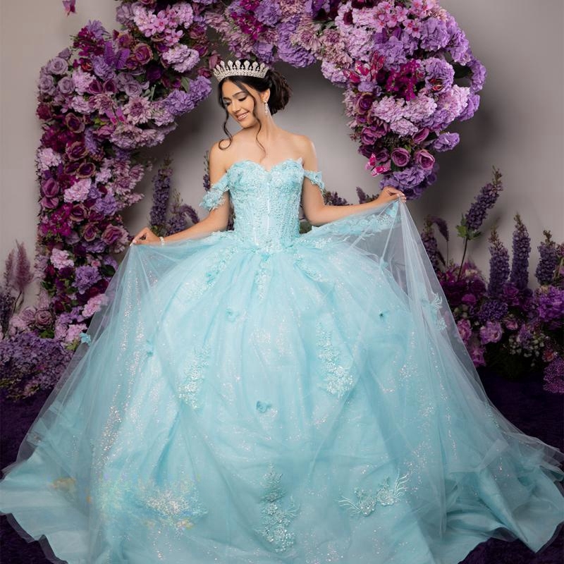Sky Blue Shiny Quinceanera Dresses Ball Gown Off Shoulder Applique Lace Beads Tulle Party Princess Vestidos XV 15 Anos Sweet 16 Dress