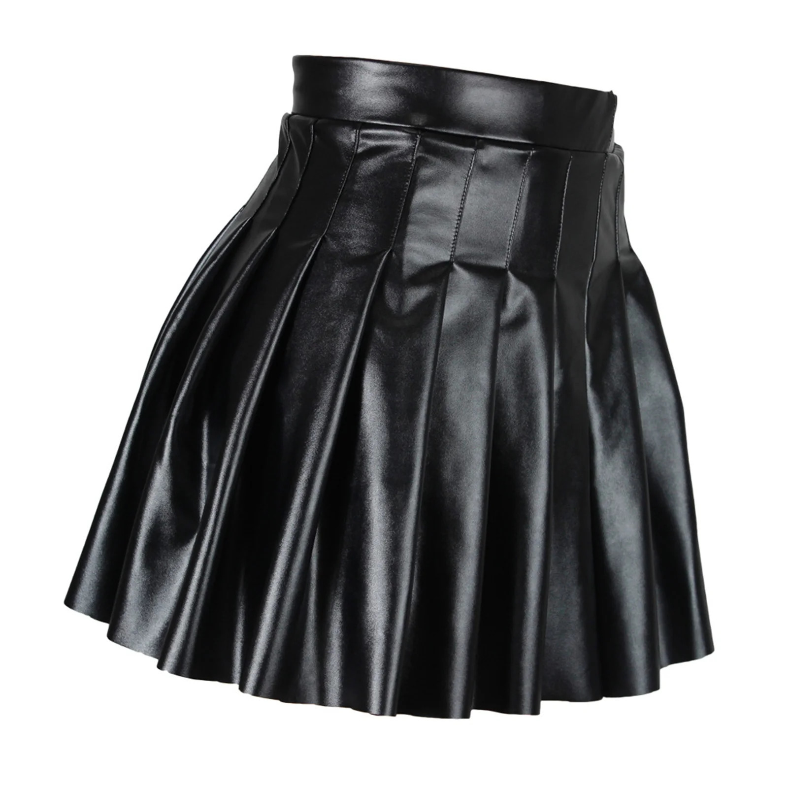 Women High Waist A-line Pleated Skirt y2k E Punk Gothic Black Latex Side Invisible Zip Flared Mini Skirts Chic Club Wear 241224