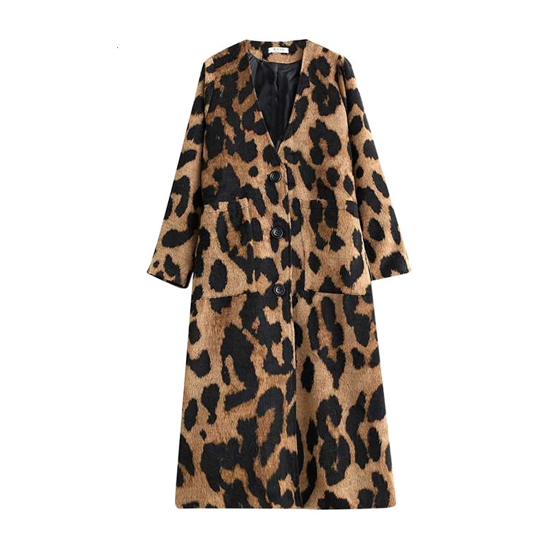Beautyblue in Coats jackets Leopard Elegant Coat Woman Long Sleeves Pockets Split-Joint V-Neck Outerwear Female Trench Coats 241224