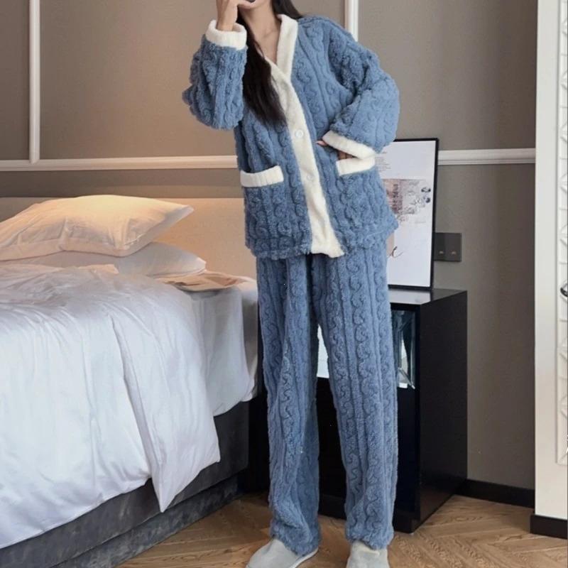 2pcsSet Autumn and Winter Pajamas Women Thickened Padded Warm Students Coral Girls Clot Velvet Suit Homewear Cardigan Trousers 250103