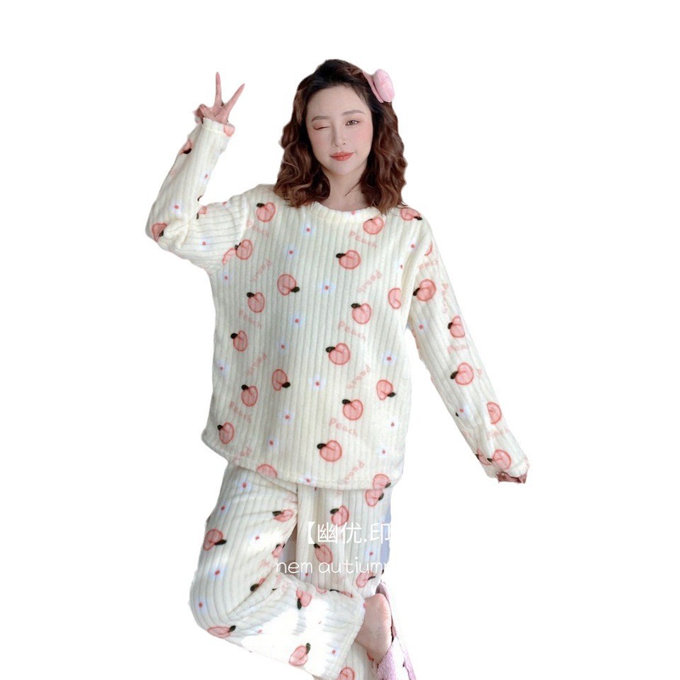 B616-Pajamas women's winter island fleece pullover long-sleeved trousers home clothes cartoon casual comfortable warm two-piece suit