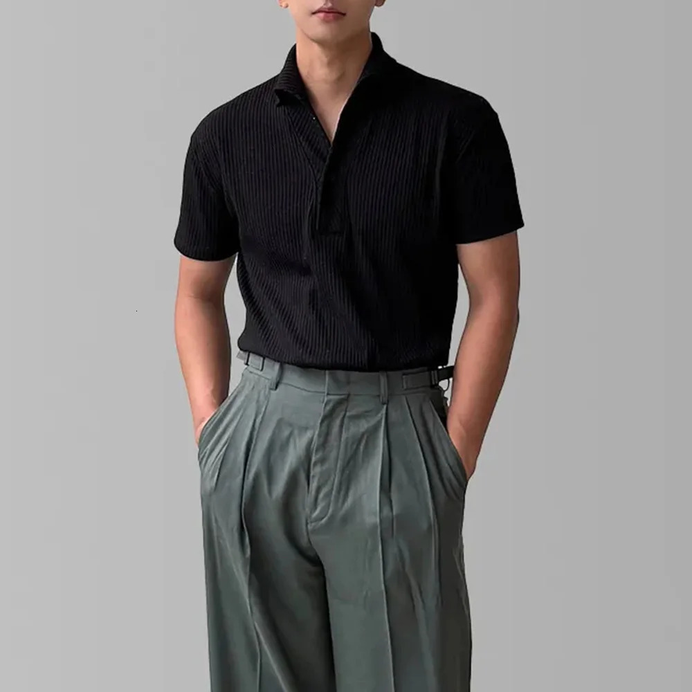 Mens Polo Line Elastic Solid Color Bottom Shirt Autumn Leisure Sports Fitness Show Muscle Top Mens unisex in the United States 241230