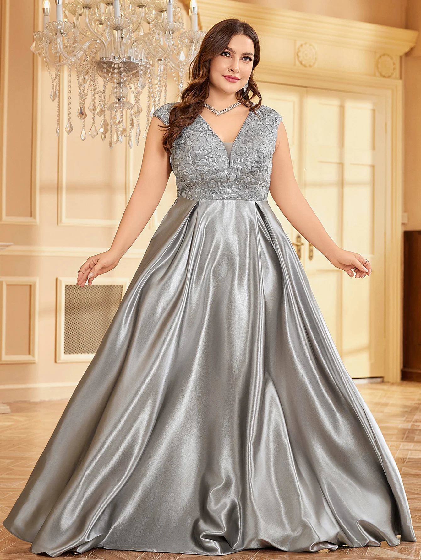 XUIBOL Gorgeous sequin patterned vest dress satin hem evening gown 250103