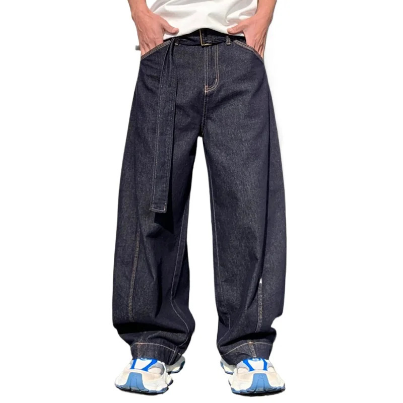 Men Belt Streetwear Fashion Loose Casual Wide Leg Cargo Denim Jeans Pant City Plus Size Baggy Jeans Trousers 241230