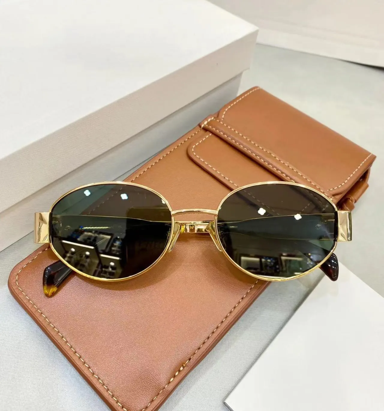 designer sunglasses men For Women Oval Frame 40235 Metal Mirror Legs Green Lens Sunglasses Retro Small Round Frame Sexy Little Women Fashion Luxury Glasses With Box