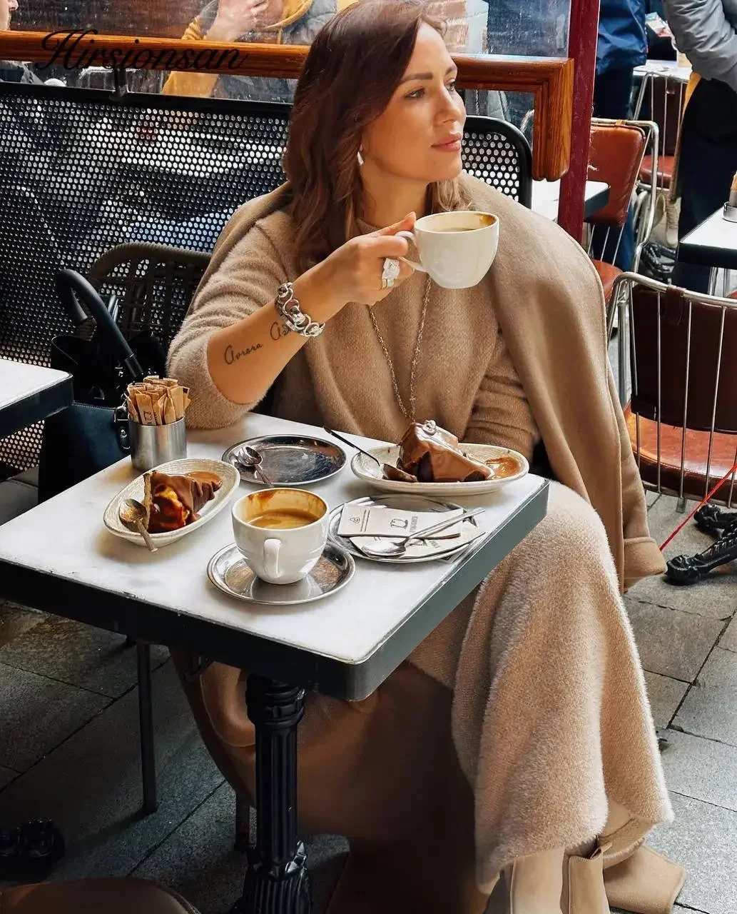 Hirsionsan Elegant Soft Elegant Vintage Women Suits 2 Pieces Female Skirt Sets O Neck Sweater Midi Dress Knitted TrackSuit 241224