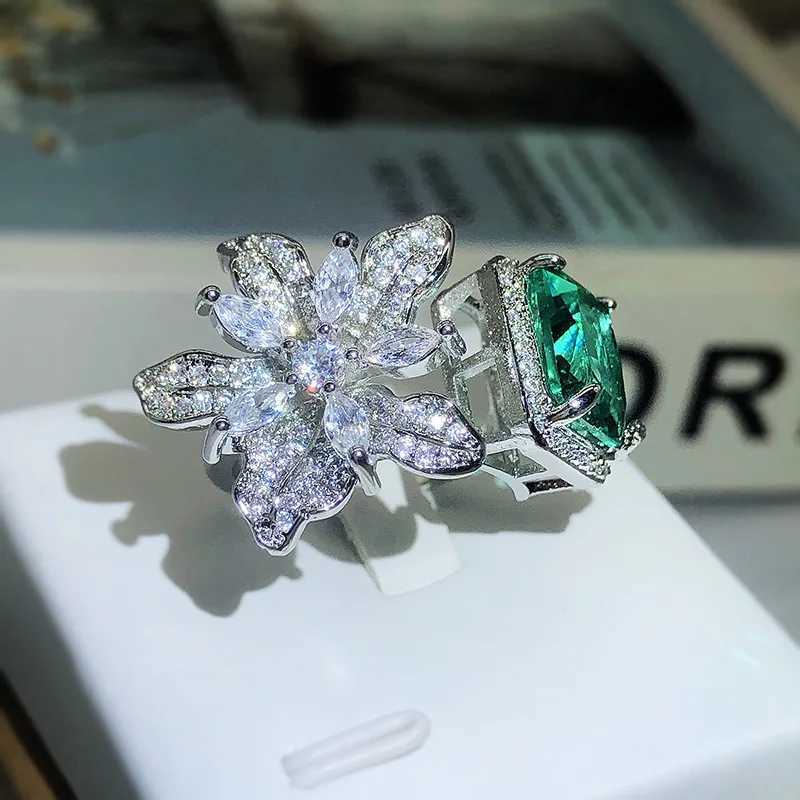 Delicate Square Flower Asymmetric Ring 925 Stamp Full Diamond Set Green Zircon Ring For Women Wedding Party GiftXJ250104