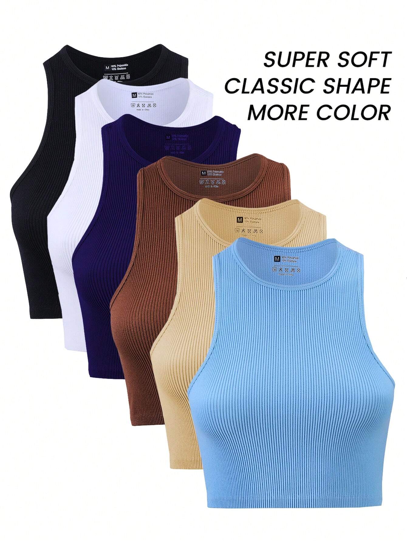 6Pcs Womens Crop Sleeveless Racerback Tank Tops Rib-Knit Casual Basic Shirts