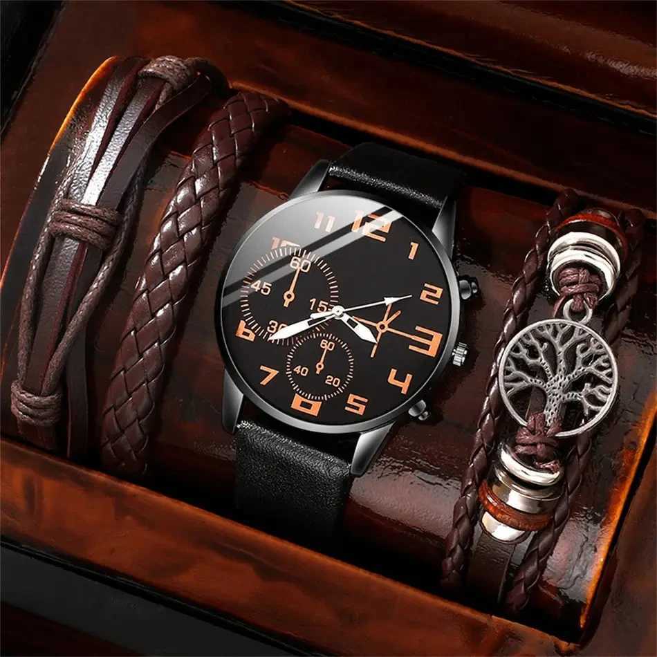 5-piece set of fashionable mens sports bracelet mens retro large dial quartz wrist classic mens casual brown leather W250104