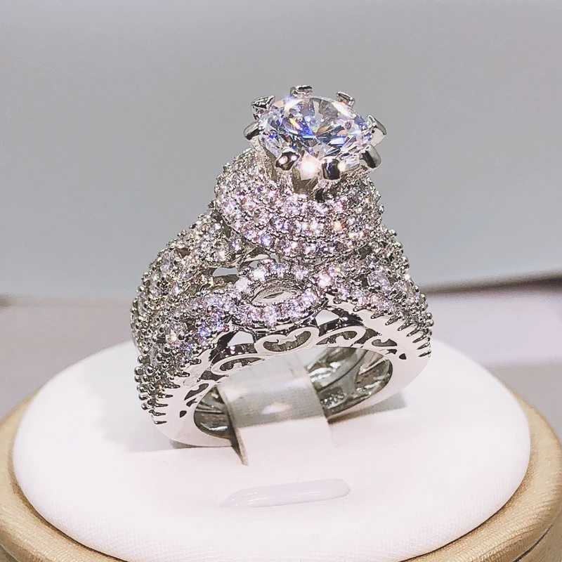 925 Silver Tren Milangirl White Crystal Round Ring 2 pcs Set For Women Girls Wedding Engagement Party Fashion JewelryXJ250104