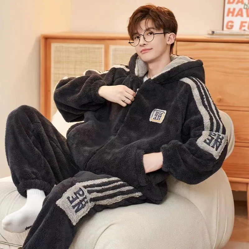 Male Zipper Pajamas Sets Winter Coral Fleece Warm Thickened Sleepwear MenThermal Flannel Pyjamas Turtleneck Lounge 250103